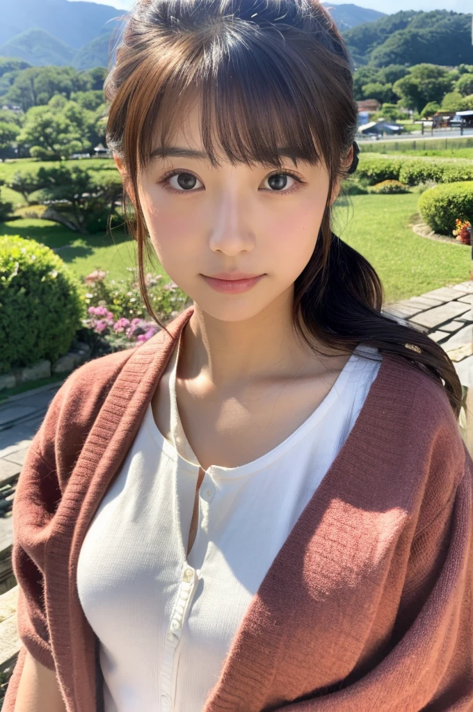 One Girl, (beautiful girl, Delicate girl:1.3), (14 years old:1.3),
break, (Cardigan Costume:1.3),
break, (Sitting in the forest:1.2),
break, Very beautiful eyes, (Symmetrical eyes:1.3),
break, Small breasts, Brown eyes, Parted bangs, Brown Hair, (Upper teeth, The best smile:0.2),
break, (Eye and facial details:1.0),
break, (masterpiece, Highest quality, Very detailed, Detailed face, 8k)