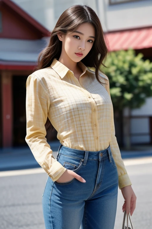 Close-up of woman wearing shirt and jeans., Kawaii shirt and jeans, plaid shirt, wearing a plaid shirt, Put on a shirt, Casual wear, Long sleeve shirt with buttons, wearing Casual wear หญิงอาราฟเฟ่, beautiful, very beautiful woman, Attractive and beautiful, sexy girl, Asian girl, beautiful female model, jaw-dropping beauty, Attractive face and body, Movie goddess body shot, Goddess Filming, Asian girlที่beautifulงาม, asian woman, นักรบหญิงที่beautifulงาม,