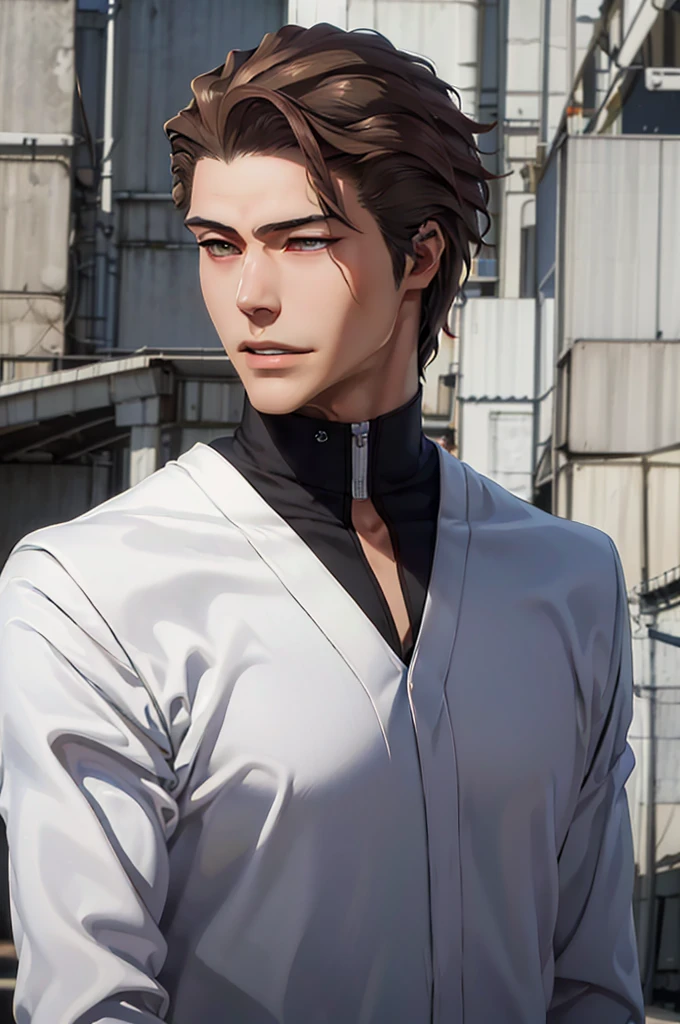 Aizen, (brown hair), brown eyes, black winter male overcoat black clothing,(masterpiece, best quality:1.2), cowboy shot, solo, male focus, 1boy, looking at viewer,dark formal suit, black formal outfit, black coat, walking straight,(photorealistic:1.4), (masterpiece, sidelighting, finely detailed beautiful eyes: 1.2),black leather gloves,masterpiece, best quality, ultra high res, highly detailed,