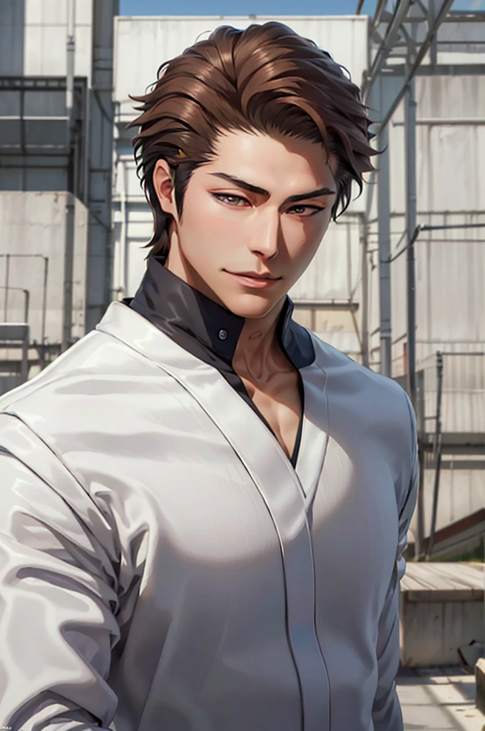 Aizen, (brown hair), brown eyes, black winter male overcoat black clothing,(masterpiece, best quality:1.2), cowboy shot, solo, male focus, 1boy, looking at viewer,dark formal suit, black formal outfit, black coat, walking straight,(photorealistic:1.4), (masterpiece, sidelighting, finely detailed beautiful eyes: 1.2),black leather gloves,masterpiece, best quality, ultra high res, highly detailed,