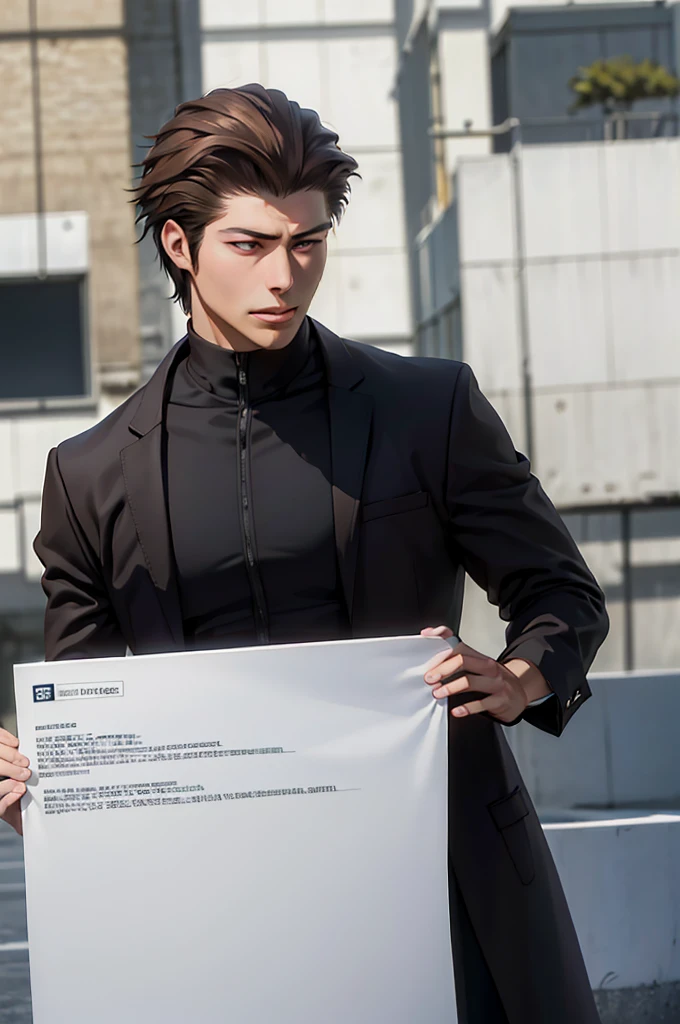 Aizen, (brown hair), brown eyes, black winter male overcoat black clothing,(masterpiece, best quality:1.2), cowboy shot, solo, male focus, 1boy, looking at viewer,dark formal suit, black formal outfit, black coat, walking straight,(photorealistic:1.4), (masterpiece, sidelighting, finely detailed beautiful eyes: 1.2),black leather gloves,masterpiece, best quality, ultra high res, highly detailed,