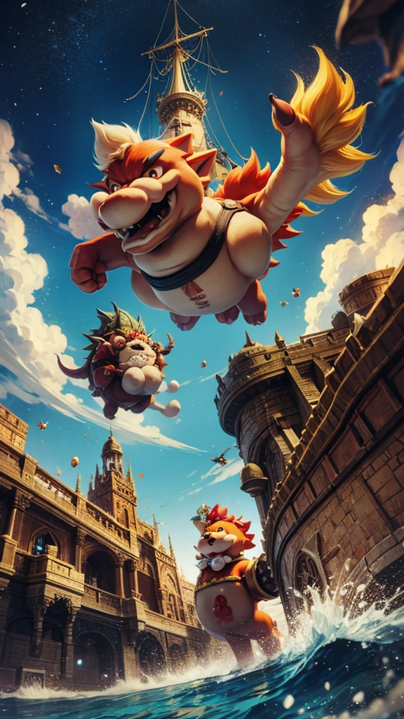 Super Mario fighting Bowser on the airship