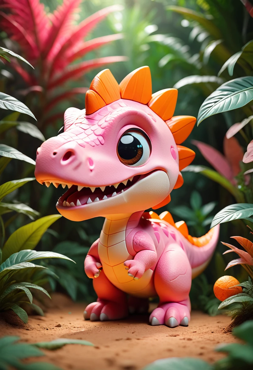 smiley, anime style, cubism, uhd, anatomically correct, High quality cute 3D simple cartoon style pink and orange dinosaur.Jungle background