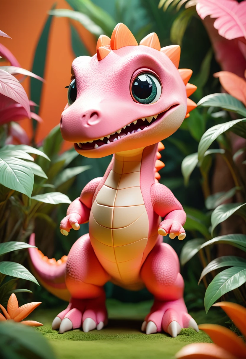 smiley, anime style, cubism, uhd, anatomically correct, High quality cute 3D simple cartoon style pink and orange dinosaur.Jungle background