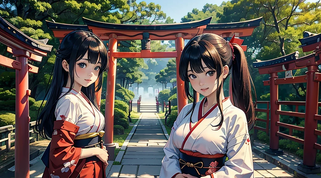 Best Quality、masutepiece、(japanes、Beautuful Women、shrine maiden、25-years old、Beautuful Women:1.5、cute little:2、spotless、D-cups)、(cloudiness、mare、torii gate)、(ssmile、slightly red cheeks)、shrines