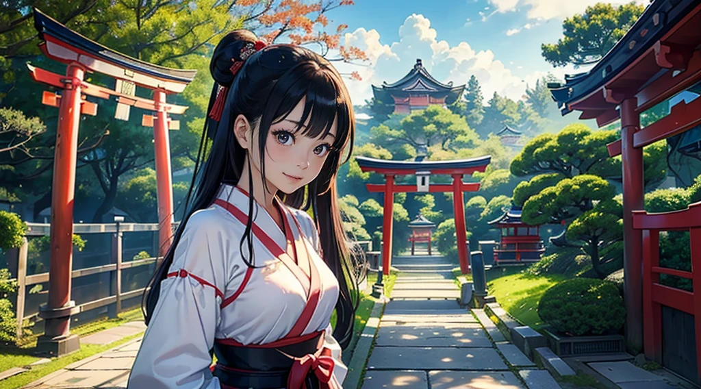 Best Quality、masutepiece、(japanes、Beautuful Women、shrine maiden、25-years old、Beautuful Women:1.5、cute little:2、spotless、D-cups)、(cloudiness、mare、torii gate)、(ssmile、slightly red cheeks)、shrines