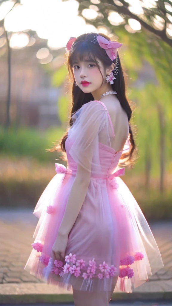 a young asian girl, full body, wearing a transparent pink golden lolita dresses, big ribbon ornament on hair, floral earrings, a penis penetration on vagina,