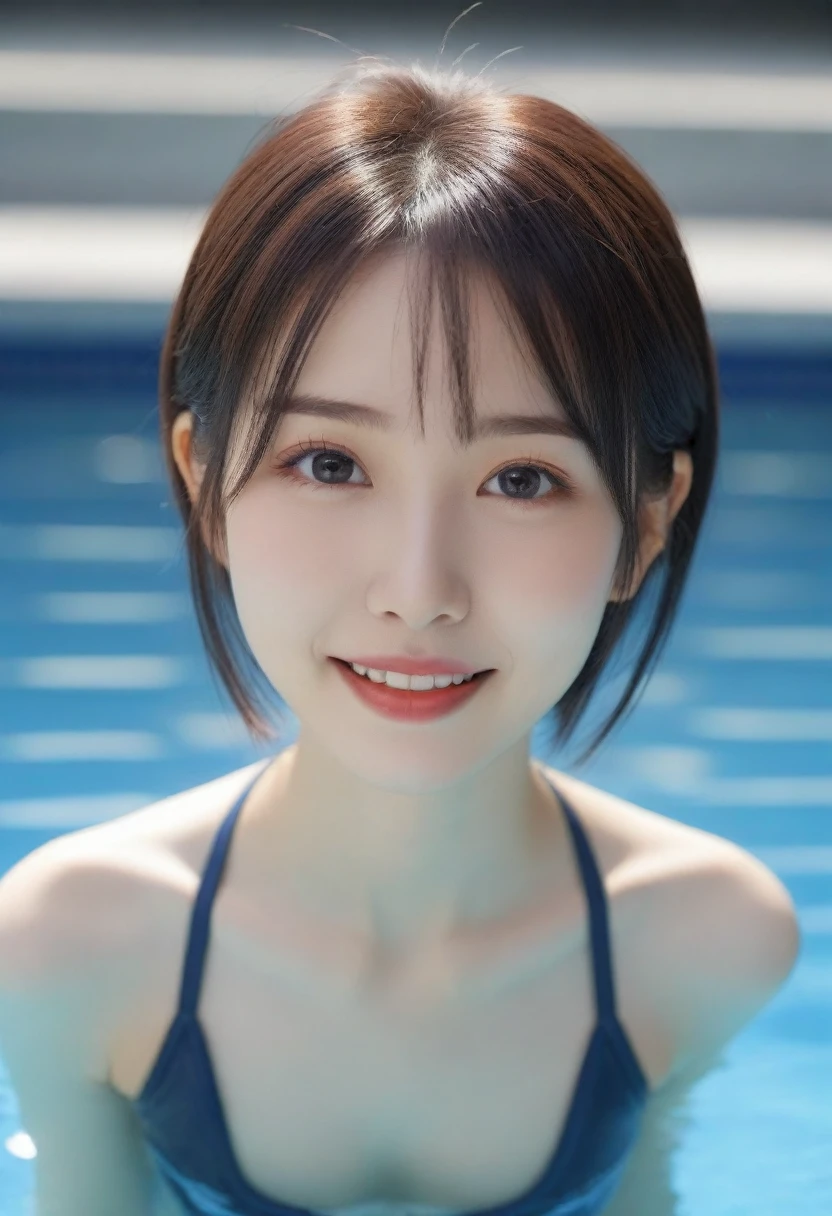 8K, Ultra-high resolution, Highest quality, masterpiece, 三分割法によるphotograph,Surreal, photograph, 1 girl, (:1.3), pretty girl, Cute face, Beautiful eyes in every detail, 細かくdetailedに,masterpiece,, One Girl:1.2, Japan Female Announcer,whole body,Young Wife,High-cut swimsuit for competitive swimming、Digging into the crotch,Full of cleanliness,A carefree smile,Healing the heart,short hair,Looking at the audience、beauty,Long neck、Laugh a little、Please close your mouth and laugh、(((Ideal body type))),A-cup small breasts :2,、Portraiture:2、Perfect Anatomy、鮮明なdetailed、detailed、Surreal、Light and shadow,Strong light