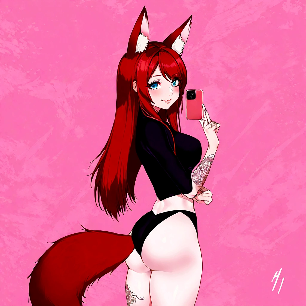 a redhead woman, very long hair falling to butt height. She is wearing a purple blouse that highlights her large breasts.. She has red fox ears, with the inside of the ears in light pink, and a red fox tail with a light pink tip. Only his left arm is completely tattooed. She has fair white skin and a slim body with blue eyes.