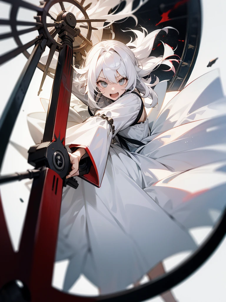 Girl, Extreme Hair, Messy hair, White Hair, Crazy expression, Psycho, Holding a Breaking Wheel, Laughing, White Dress