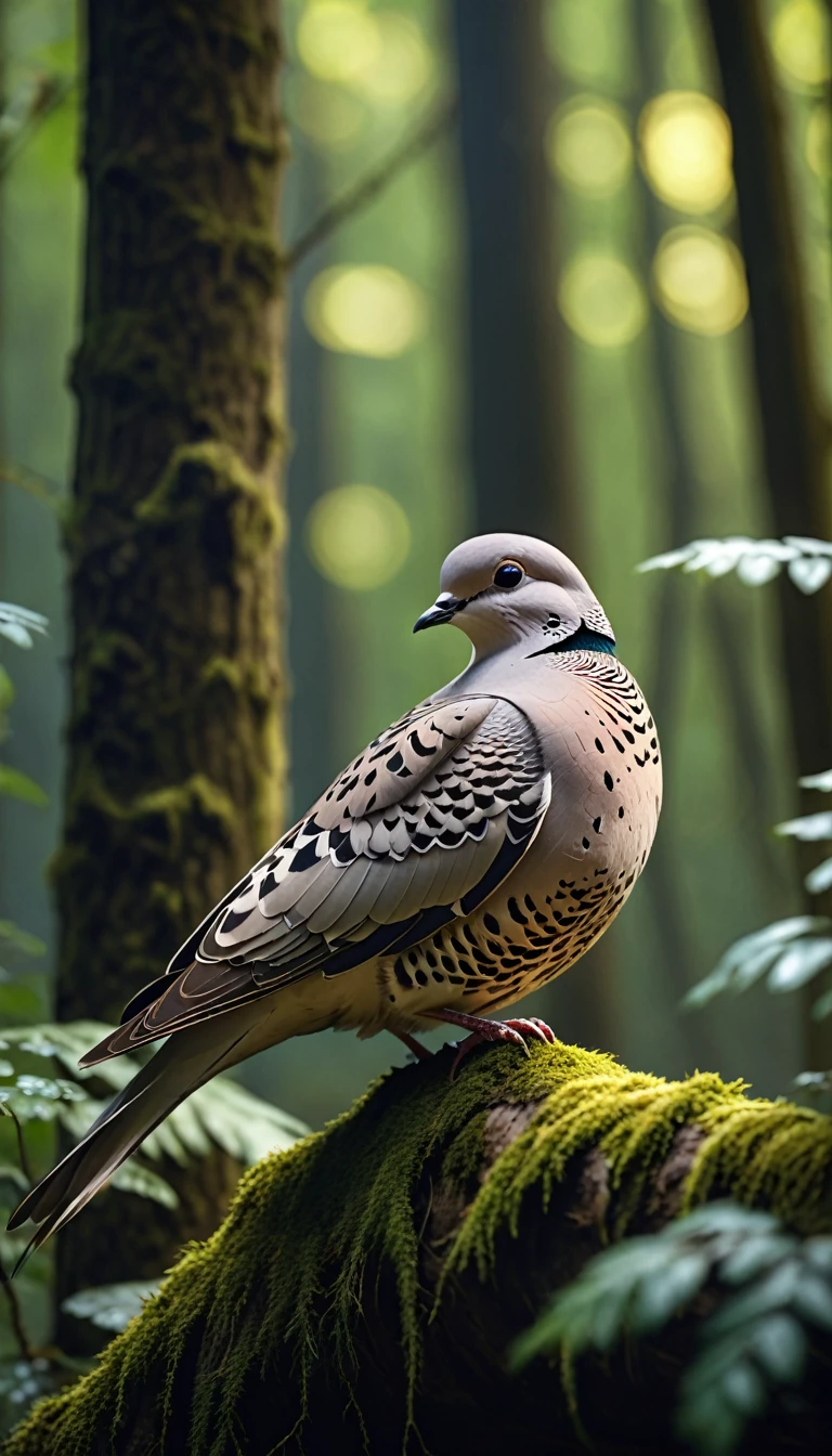 Mysterious creatures in the woods, There is a kind of bird,Looks like a turtledove(best quality, 4K, 8K, High-rise, masterpiece: 1.2), Ultrafine, (Practical, photo Practical, photo Practical: 1.37), Detailed Animals, complex pattern, Dramatic Lighting, Fantasy Creatures