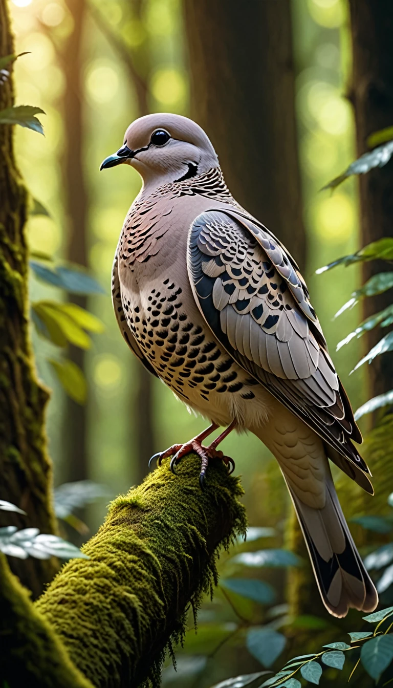 Mysterious creatures in the woods, There is a kind of bird，Looks like a turtledove(best quality, 4K, 8K, High-rise, masterpiece: 1.2), Ultrafine, (Practical, photo Practical, photo Practical: 1.37), Detailed Animals, complex pattern, Dramatic Lighting, Fantasy Creatures