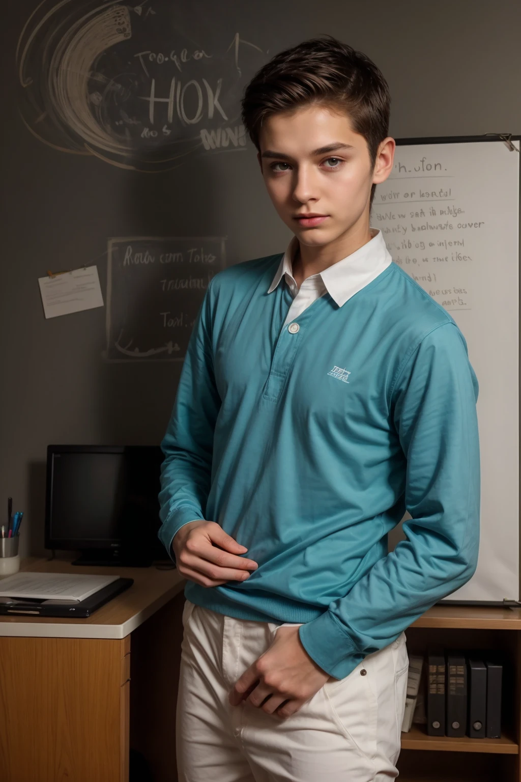 A beautiful young man, a cute male twink, with black hair, a face with reddish make-up, wearing a bright white long-sleeved shirt and aqua blue pants. He is in his office, and behind him is a blackboard on which is written the shape of the brain and its anatomy, and nuclear energy comes out of it.