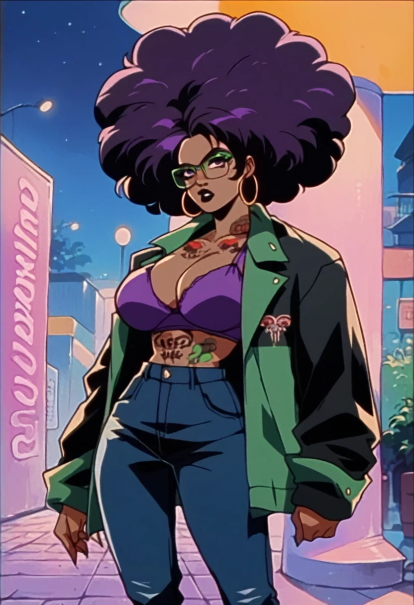 beautyful brown woman, brown skin, black skin, huge full afro purple hair, black lipstick, full lips, purple bra, purple eyes, black motorcyclist jacket, black jeans, hoop earring, green glasses, dragon tattoo, night