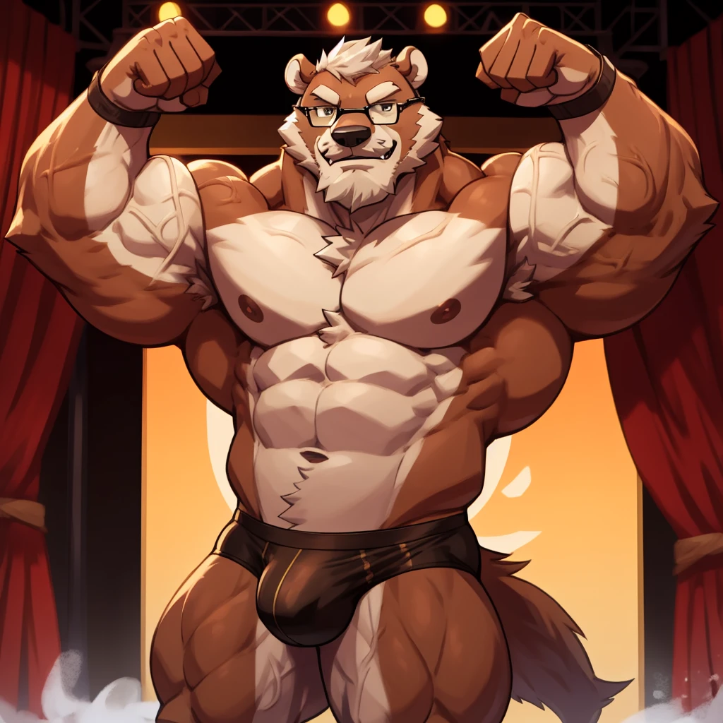 solo, 1boy, Huge Thickend Muscular Old Grizzly Bear wearing glasses , pectoral, huge pectoral, wide pectoral, brown fur, short white hair, black competitive briefs, shirtless topless, bearded,
Mustache, bodybuilding conpetition stage background, masterpiece, high detailed, 8k, high resolution, at the stage flexing whole body veiny. (Side chest bodybuilding pose). Winner, gold metal
