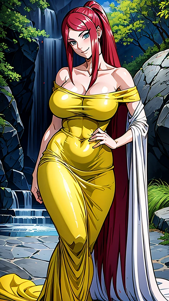 uzumaki_kushina,very large_breasts, medium thighs, large_ass, solo, off-the-shoulder yellow wedding dress,gown, wrinkle silk dress,pattern on dress, transparent dress,sexy dress, hand on ,ponytail,navel, cleavage, belly button,no bra,no panties, masterpiece, best quality, detailed face, detailed eyes, highres, (masterpiece:1.4, best quality:1.2), (Highres), (Detailed Illustration), Ultra-Detailed, konohagakure,looking in front, smiling playfully,lustful eyes, lipstick,blue eyes,one hand up ,second and on cleavage , kneel down sitting,lust face, blossom tree,body on front,legs apart , fair skin,