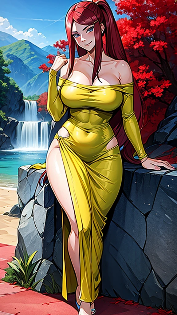 uzumaki_kushina,very large_breasts, medium thighs, large_ass, solo, off-the-shoulder yellow wedding dress,gown, wrinkle silk dress,pattern on dress, transparent dress,sexy dress, hand on ,ponytail,navel, cleavage, belly button,no bra,no panties, masterpiece, best quality, detailed face, detailed eyes, highres, (masterpiece:1.4, best quality:1.2), (Highres), (Detailed Illustration), Ultra-Detailed, konohagakure,looking in front, smiling playfully,lustful eyes, lipstick,blue eyes,one hand up ,second and on cleavage , kneel down sitting,lust face, blossom tree,body on front,legs apart , fair skin,