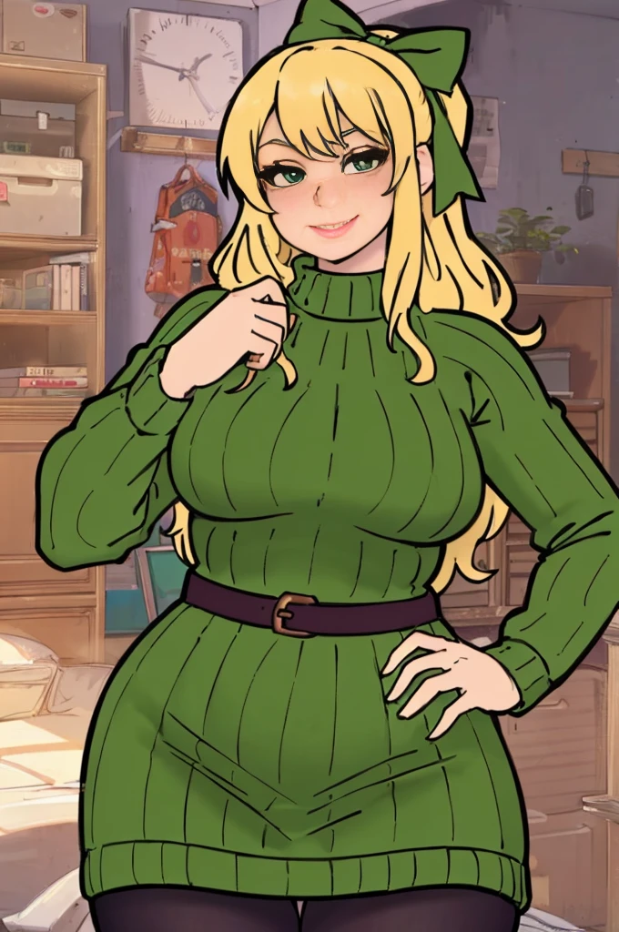 ((art by Kipteitei)), ((Masterpiece, best quality, perfect lighting, amazing shading)), (perfect anatomy, realistic proportions), field of depth, extremely beautiful, detailed face, ultra cute face, cute, long blonde hair, hair ribbons, green eyes, sweater dress, pantyhose, cute smile, (curvy), [belt], blushing, (elegant pose), bedroom background, detailed background