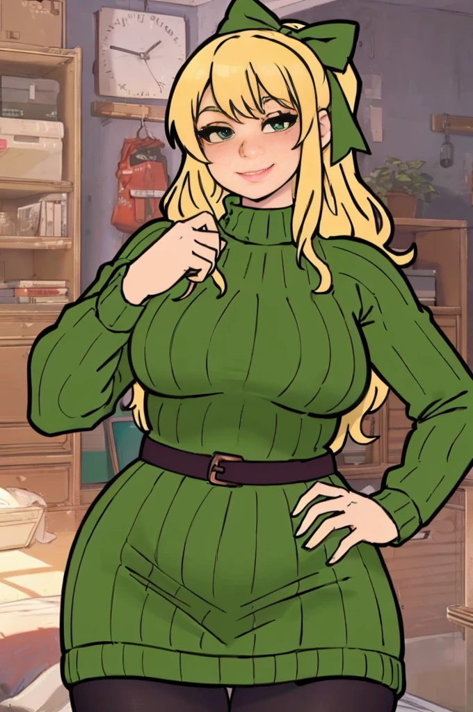 high_aesthetic,art by Lazorchef, ((Masterpiece, best quality, perfect lighting, amazing shading)), perfect anatomy, field of depth, extremely beautiful, long blonde hair, hair ribbons, green eyes, sweater dress, pantyhose, cute smile, (curvy), [belt], blushing, (elegant pose), simple background