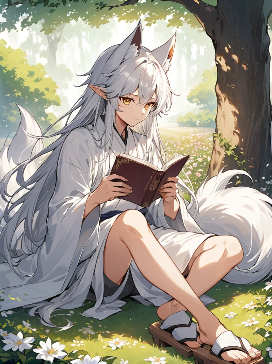 /imagine A highly detailed full-body portrait of a 30-year-old anime-style male character with fox-like features in a 2.5D art style. The character has long, flowing silver hair and sharp golden eyes. The hair extends longer on the sides, flowing beautifully. The character has pointed ears and wears a traditional light robe with tabi socks and geta sandals. The character is sitting under the shade of a tree, reading a book, surrounded by a flower field with a gentle breeze blowing, blending realistic and anime elements.