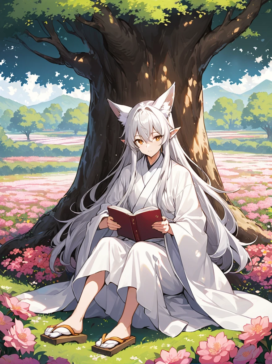 /imagine A highly detailed full-body portrait of a 30-year-old anime-style male character with fox-like features in a 2.5D art style. The character has long, flowing silver hair and sharp golden eyes. The hair extends longer on the sides, flowing beautifully. The character has pointed ears and wears a traditional light robe with tabi socks and geta sandals. The character is sitting under the shade of a tree, reading a book, surrounded by a flower field with a gentle breeze blowing, blending realistic and anime elements.