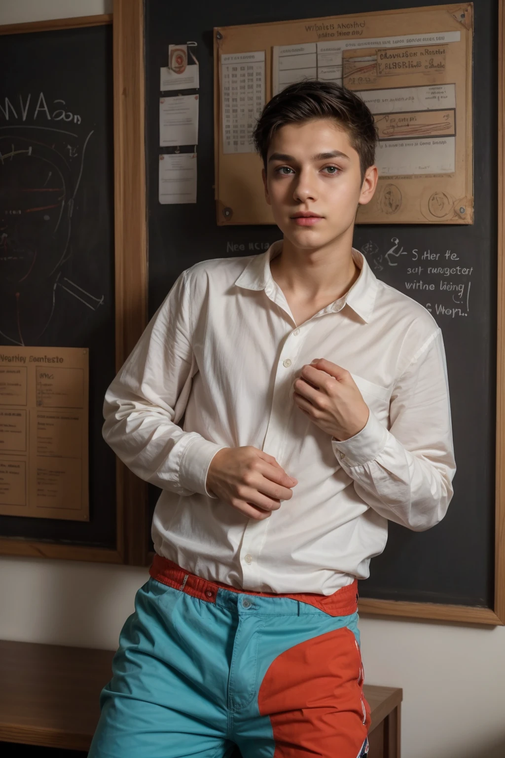 A young Chinese handsome guy 18 years old is angry, skinny fat body, bright white skin, naked in red tanga underwear,standing in a classroom with many friends laughing.,soft light filter , people in background , light cool tone picture