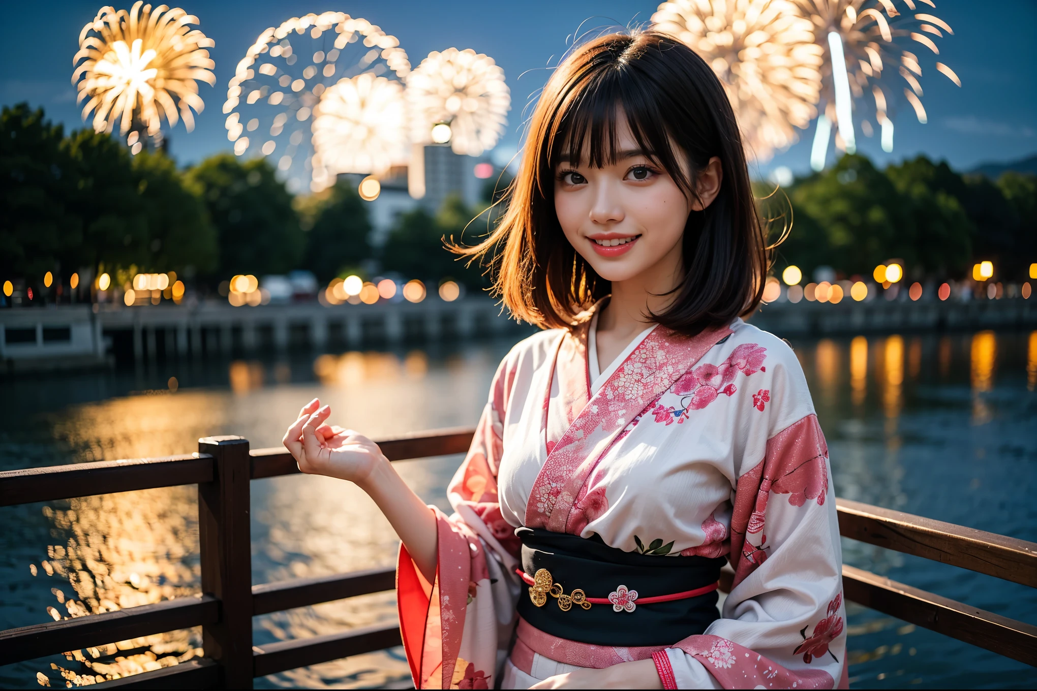 A woman, having fun, smiling, with pink silky hair, hair fluttering in the wind, wearing a Japanese kimono with a goldfish pattern, in the background a large fireworks display, a riverbank, a slightly blurred crowd a little away from the surroundings. High resolution, HDR, high quality. The summary is that she is having fun at the fireworks festival.