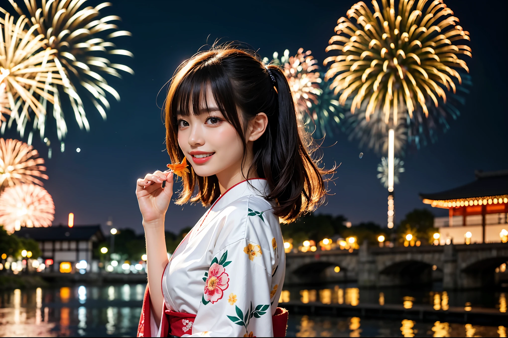 A woman, having fun, smiling, with pink silky hair, hair fluttering in the wind, wearing a Japanese kimono with a goldfish pattern, in the background a large fireworks display, a riverbank, a slightly blurred crowd a little away from the surroundings. High resolution, HDR, high quality. The summary is that she is having fun at the fireworks festival.