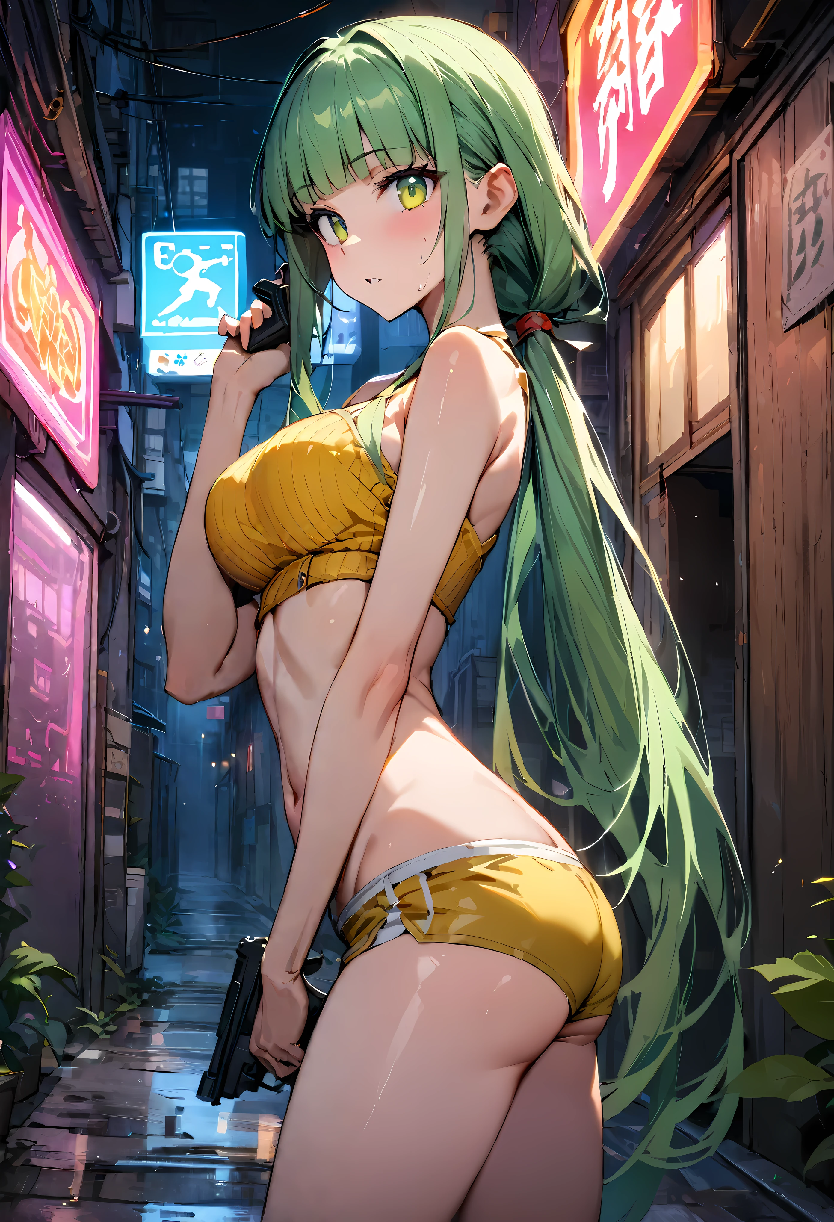 ((masterpiece,Highest quality:1.3)),cowboy shot,1woman,30 year old beauty、Investigator、solo,(very small head:1.3),green hair,(low ponytail),long hair,blunt bangs,green eyes,gorgeous eyes,medium breasts,(very long body:1.2),(toned body,slender body,skinny),gleaming skin,shiny skin,oily skin,Yellow tube top shirt、navel、Yellow micro shorts、hold a gun in one hand、run、Tracking、Alley、Metropolis,neon、World of Blade runner、