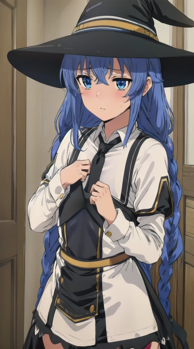 1girl,
BREAK ((twin braids, long hair, blue hair, blue eyes
white dress, neck ribbon, black ribbon, black skirt, witch hat, black hat:1))
BREAK ((flat chest,idol dress,flustered,blushing,red:1.5))
BREAK indoors,
BREAK looking at viewer, 
BREAK (masterpiece:1.2), best quality, high resolution, unity 8k wallpaper, (illustration:0.8), (beautiful detailed eyes:1.6), extremely detailed face, perfect lighting, extremely detailed CG, (perfect hands, perfect anatomy),