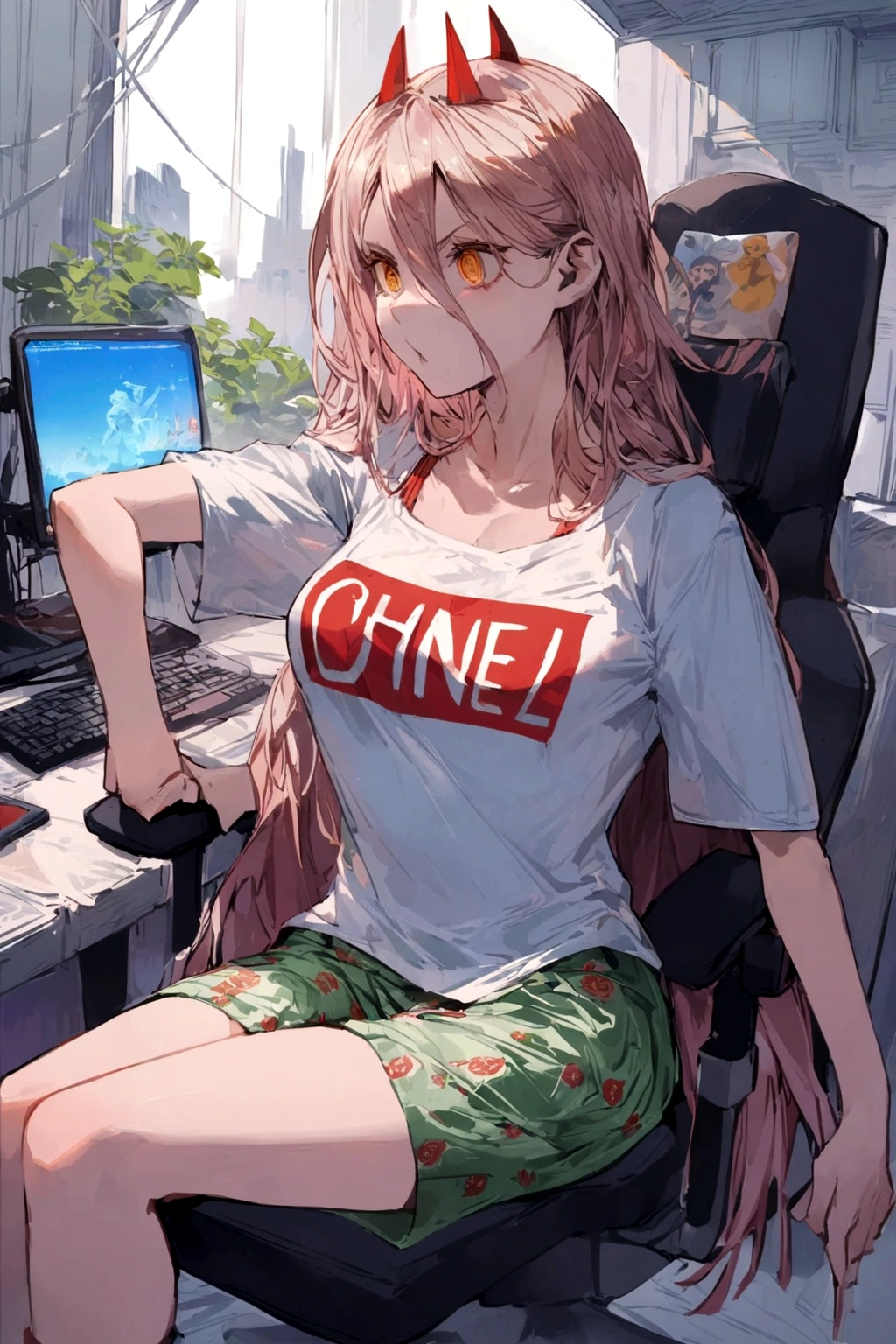 A Power,sitting on a chair,playing on a PC,wearing a shirt written,o nome Harl,in back .