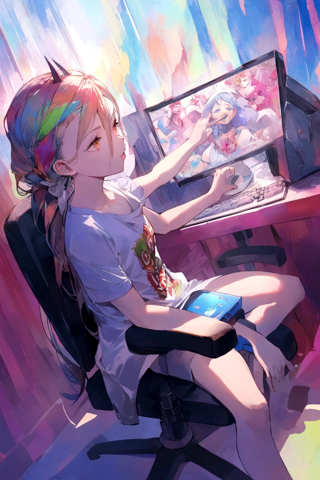 A Power,sitting on a chair,playing on a PC,wearing a shirt written,o nome Harl,in back .