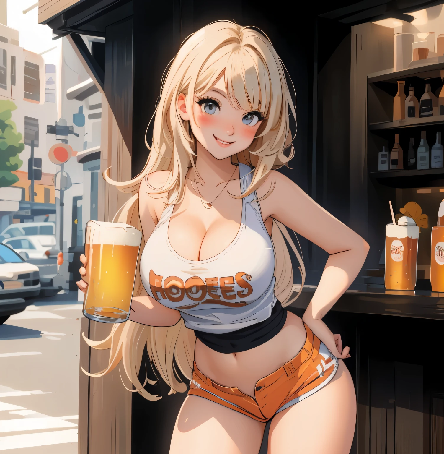 masterpiece, best quality, half body, woman, 22 years old, (curvy:0.7), wide hips, blush, smile, long blonde hair, bangs, grey eyes, (huge breasts), cleavage, hooters uniform, white top, orange tight short shorts, with a beer in her hand standing in front of a bar, 