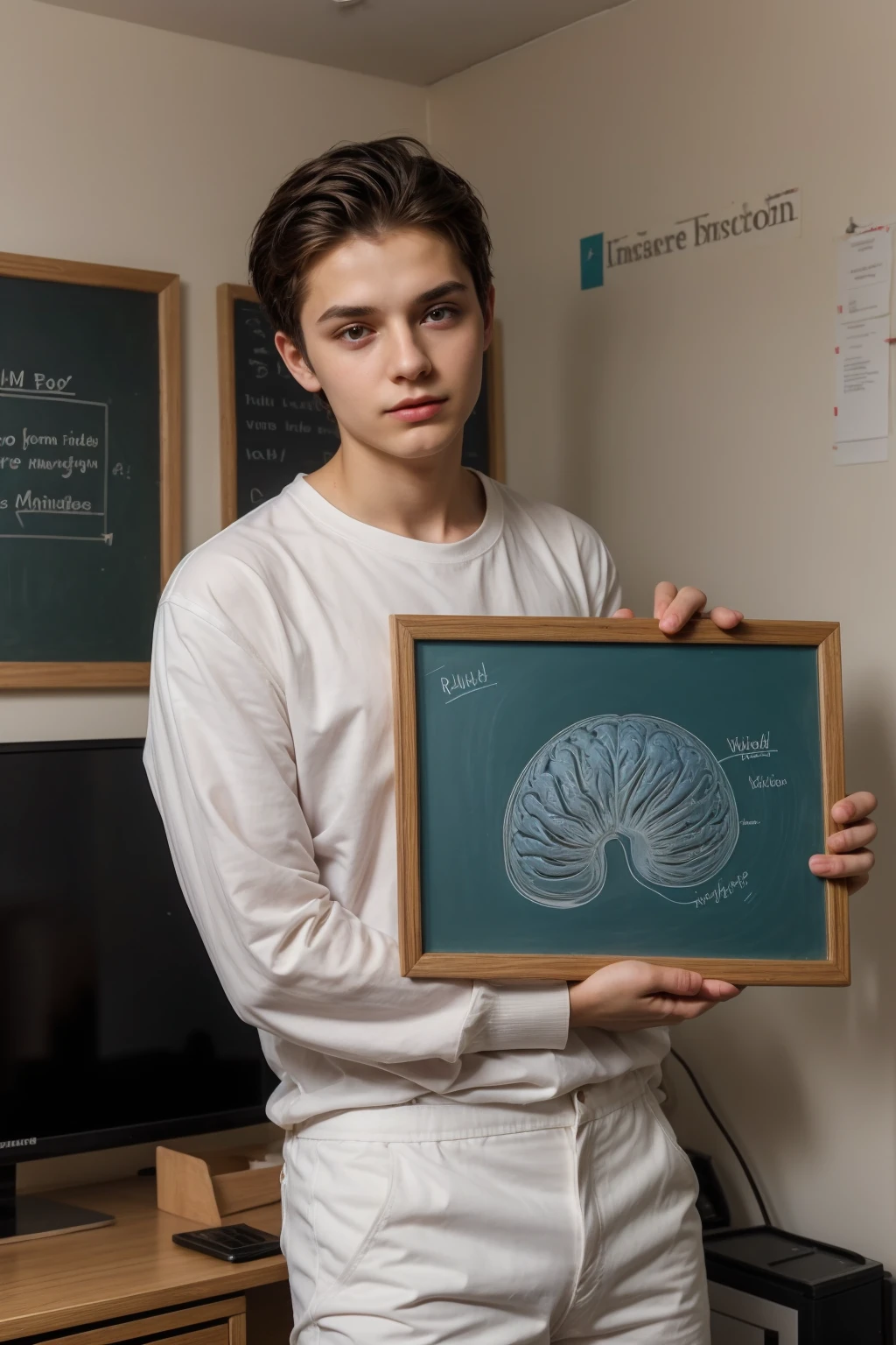 A young, beautiful, cute male twink with a face with makeup and black hair wearing a long-sleeved pink shirt and aqua blue pants. He is a cute, feminine male. He is in his office, and behind him is a blackboard on which is written the shape of the brain, its anatomy, and mathematical equations.