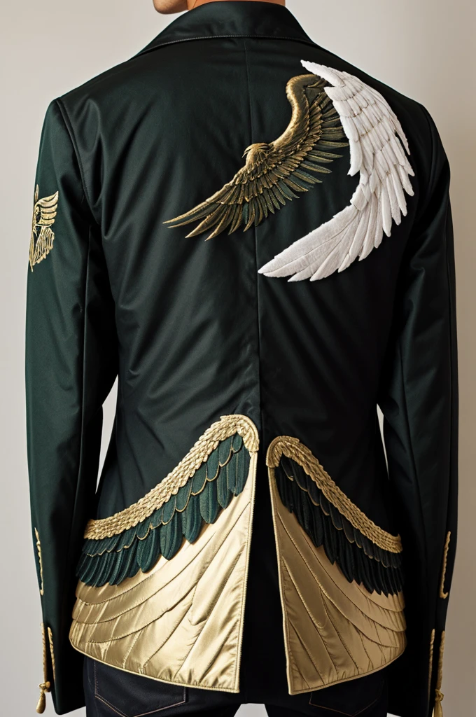 Cotton jacket front and back, black with dark green sleeves, a large phoenix or wings, something representative of 100 years, Name, gold and white details