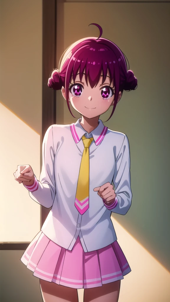 miyukihoshizora, Miyuki Hoshizora, short hair, pink hair, bow, hair bow, (pink eyes:1.3), hair bun, double hair bun, ahoge, yellow bow, smile,
BREAK , necktie, pink necktie, nanairogaoka middle , long sleeves, skirt, blue skirt,
BREAK indoors,classroom,
BREAK looking at viewer, dynamic pose,
BREAK (masterpiece:1.2), best quality, high resolution, unity 8k wallpaper, (illustration:0.8), (beautiful detailed eyes:1.6), extremely detailed face, perfect lighting, extremely detailed CG, (perfect hands, perfect anatomy),mini skirt、Panties in full view、Lifting her skirt to show off her panties、Embarrassed smile