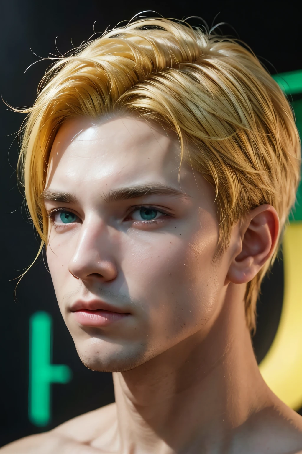 Create an icon of a male character who has green eyes and yellow hair 