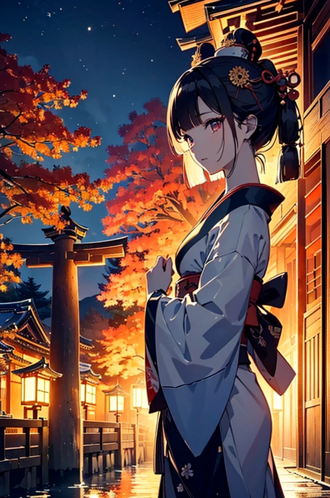 (Official art、Best Quality、Unity 8k Wallpapers、32K、masterpiece、ultra-detailliert、超A high resolution、realisitic、Photorealsitic:1.2)、(Cinematic lighting:1.2)、Fireglow effect、film grains、Best Shadows、Rim lighting、side lights、(Ultra-detailed and complex 3D rendering)、Detailed beautiful face and eyes、A slender、Medium bust、(Full body:1.2)、(sideshot、Looking away:1.2)、(Mystical、moonlights)、Highly detailed background、beauitful face、a beauty girl、(super detailed skin、detailed skin textures:1.3)、Japan garden、cowboy shot、Tree with red leaves on tower background々, Japan at night, japan sightseeing, japan deeper travel exploration, japanese temples, pagoda, during night!!, set at night, during night!, けもの, Vivid!!, japanese city at night, full - view, ancient japanese architecture, by Torii Kiyomasu II, november, kyoto japan setting