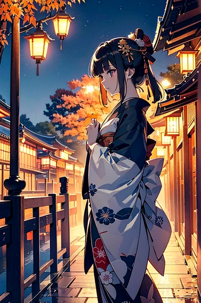 (Official art、Best Quality、Unity 8k Wallpapers、32K、​masterpiece、ultra-detailliert、超A high resolution、realisitic、Photorealsitic:1.2)、(Cinematic lighting:1.2)、Fireglow effect、film grains、Best Shadows、Rim lighting、side lights、(Ultra-detailed and complex 3D rendering)、Detailed beautiful face and eyes、A slender、Medium bust、(Full body:1.2)、(sideshot、Looking away:1.2)、(Mystical、moonlights)、Highly detailed background、beauitful face、a beauty girl、(super detailed skin、detailed skin textures:1.3)、Japan garden、cowboy  shot、Tree with red leaves on tower background々, Japan at night, japan sightseeing, japan deeper travel exploration, japanese temples, pagoda, during night!!, set at night, during night!, けもの, Vivid!!, japanese city at night, full - view, ancient japanese architecture, by Torii Kiyomasu II, november, kyoto japan setting