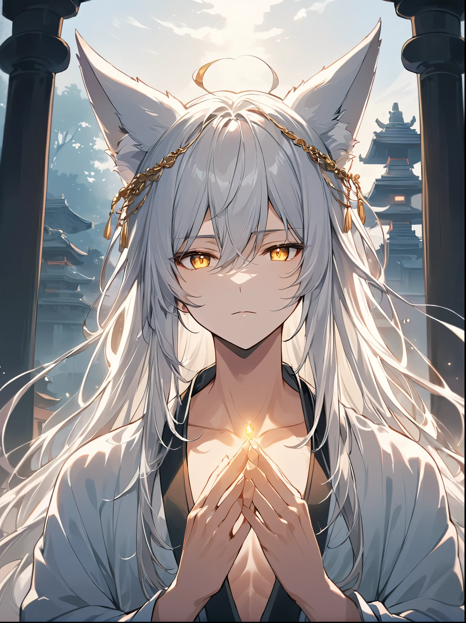 ((Best quality)), ((masterpiece)), (detailed), ((perfect face))、miyabi,a man, Long, flowing silver hair with delicate strands.
Sharp, piercing golden eyes. Fox ears on top of his head.
Serious and slightly mysterious.Pale and smooth.
Wears a robe that is slightly open at the chest, revealing part of his well-defined upper body.
The character exudes a sense of elegance and strength, with a calm and enigmatic aura. The lighting emphasizes his facial features and hair texture, creating a soft, almost ethereal glow.、In an ancient temple, Meditating, Dusk, Symmetrical, Close-up, Dim and mystical, Character's hands, Stone-like, Spiritual, anime style, attractive anime, pixiv fan art