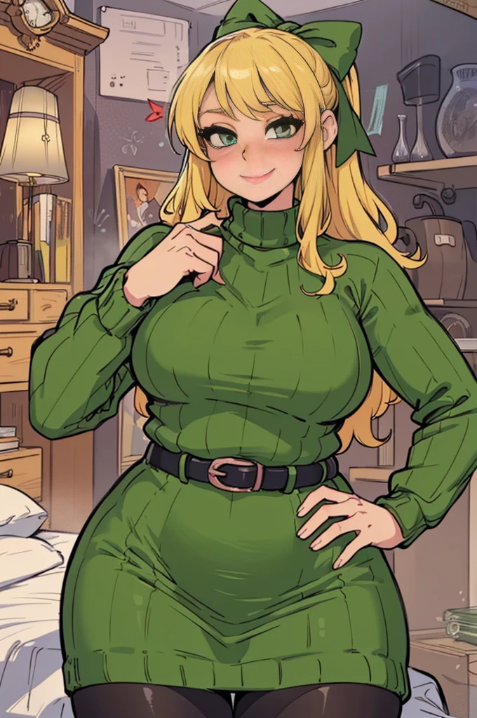 ((art by Kipteitei)), ((Masterpiece, best quality, perfect lighting, amazing shading)), (perfect anatomy, realistic proportions), field of depth, extremely beautiful, detailed face, ultra cute face, cute, long blonde hair, hair ribbons, green eyes, sweater dress, pantyhose, cute smile, (curvy), [belt], blushing, (elegant pose), bedroom background, detailed background