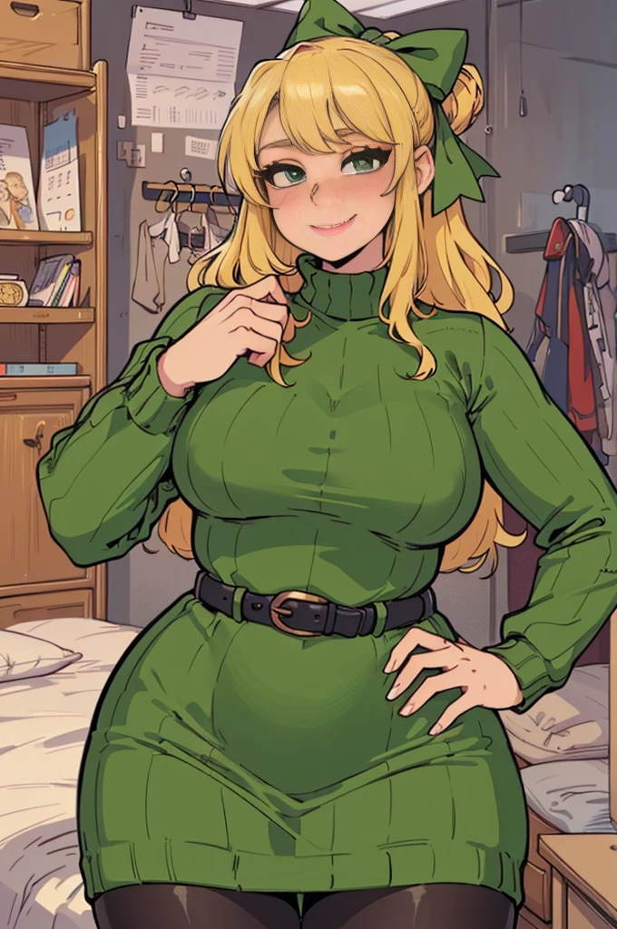 ((art by Kipteitei)), ((Masterpiece, best quality, perfect lighting, amazing shading)), (perfect anatomy, realistic proportions), field of depth, extremely beautiful, detailed face, ultra cute face, cute, long blonde hair, hair ribbons, green eyes, sweater dress, pantyhose, cute smile, (curvy), [belt], blushing, (elegant pose), bedroom background, detailed background