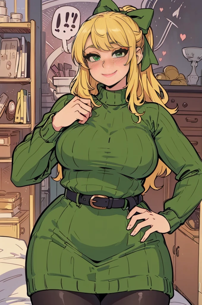 ((art by Kipteitei)), ((Masterpiece, best quality, perfect lighting, amazing shading)), (perfect anatomy, realistic proportions), field of depth, extremely beautiful, detailed face, ultra cute face, cute, long blonde hair, hair ribbons, green eyes, sweater dress, pantyhose, cute smile, (curvy), [belt], blushing, (elegant pose), bedroom background, detailed background