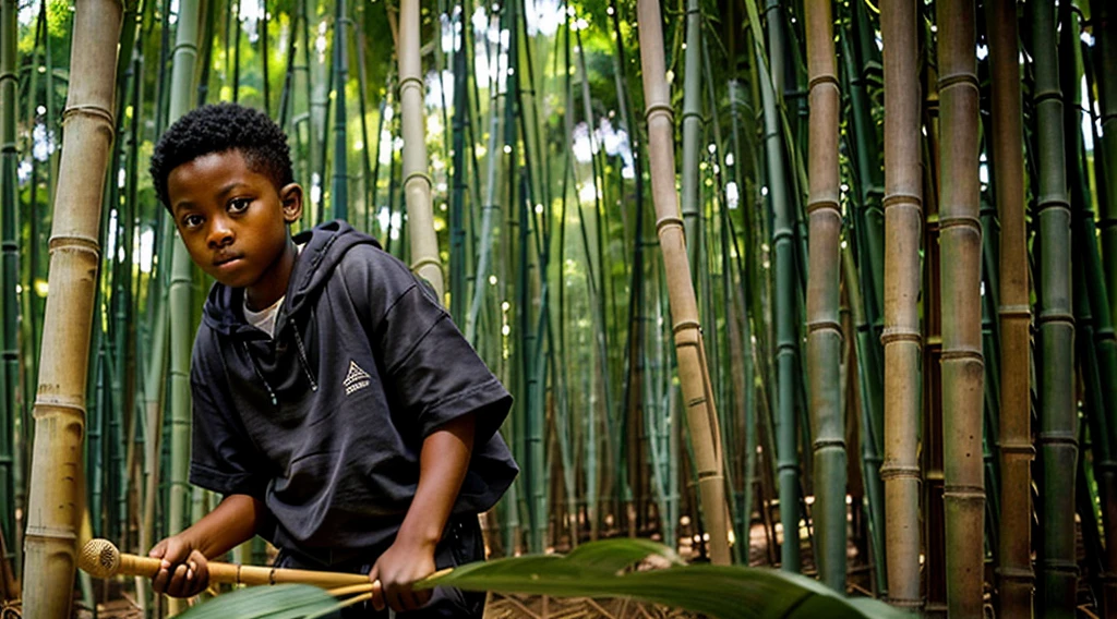 Image of a black ager, 12 yearing a dark gray long-sleeved shirt, short curly hair - long pants, straw sandals - getting up from a bed made of straw - bamboo leaves - wakes up scared, looking through the cracks in the bamboo grove, image of the bamboo grove - Image of him getting up - wakes up early in the morning -