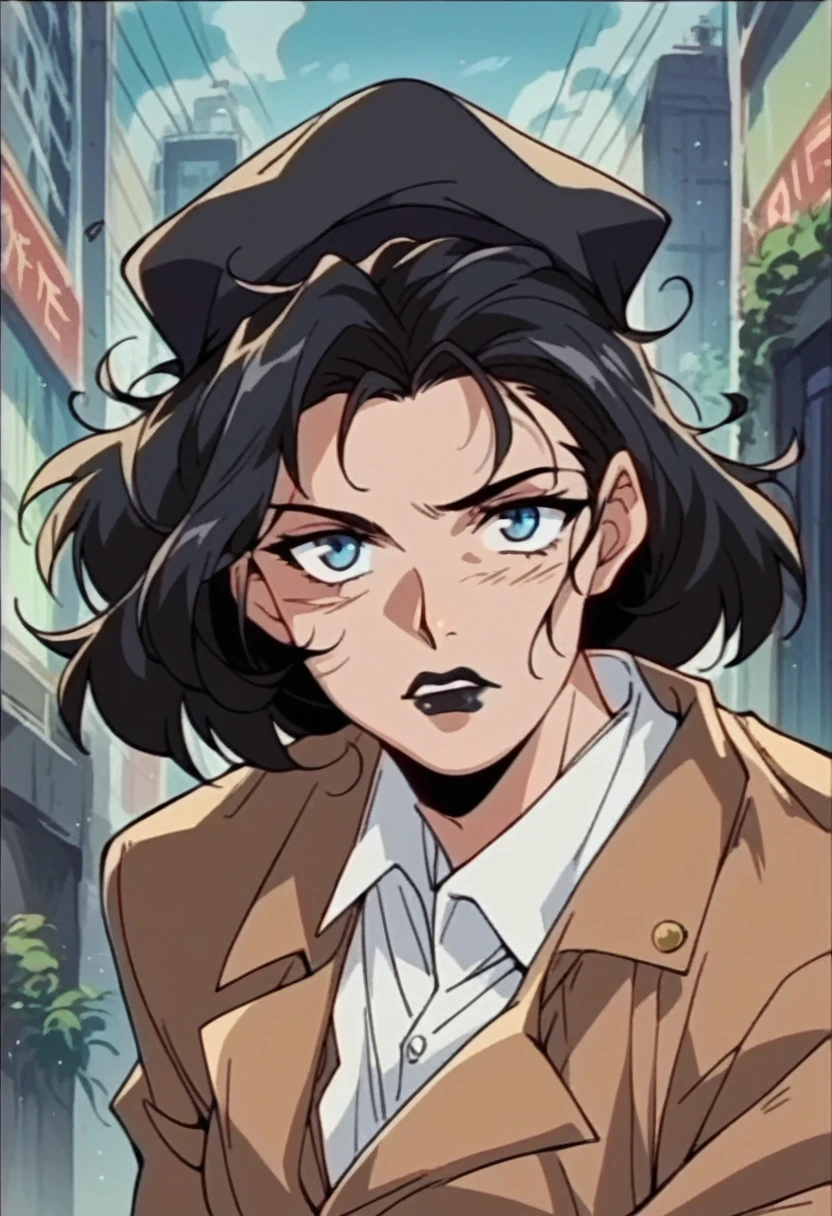 beautyful woman, detective black overcoat, black detective hat, hair, black pants, black hair, messy hair, blue eyes, black lipstick, city