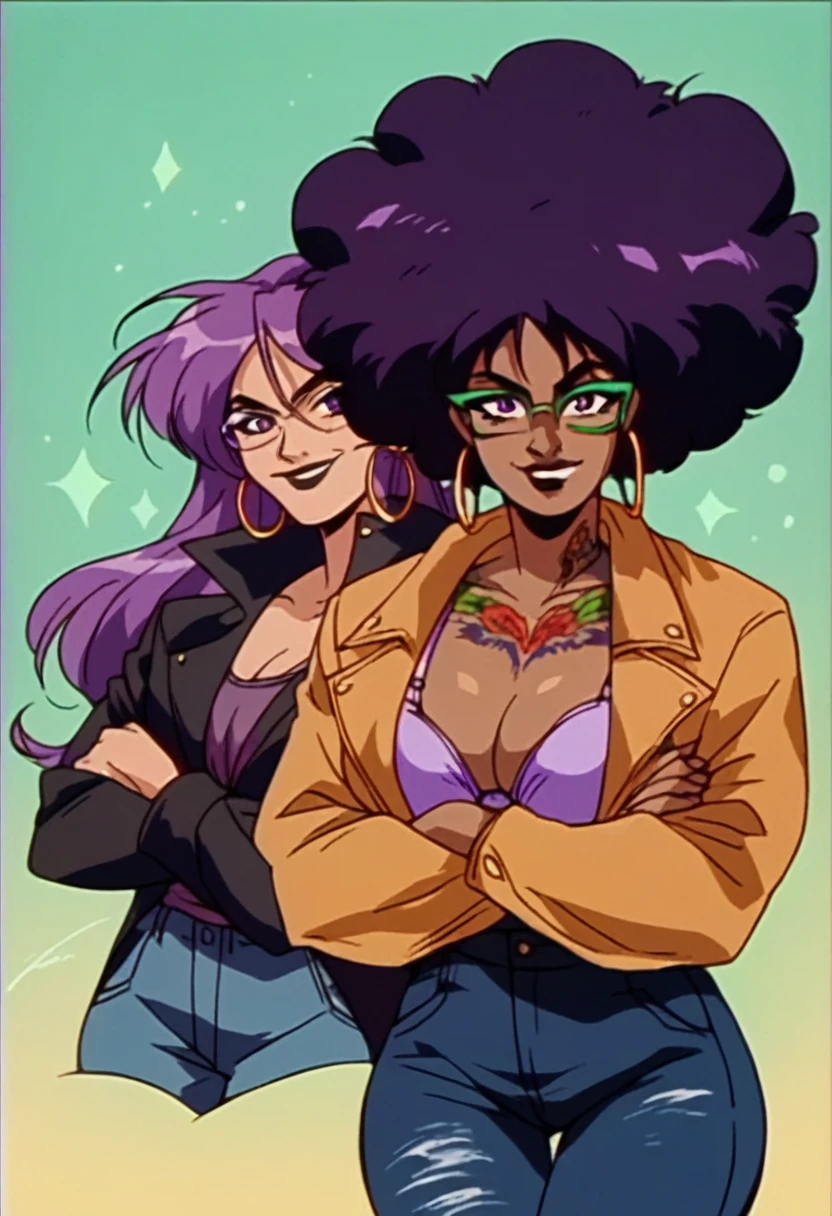 beautyful brown woman, brown skin, black skin, huge full afro purple hair, black lipstick, full lips, purple bra, purple eyes, black motorcyclist jacket, black jeans, hoop earring, green glasses, dragon tattoo, crossed arms, smile, night
