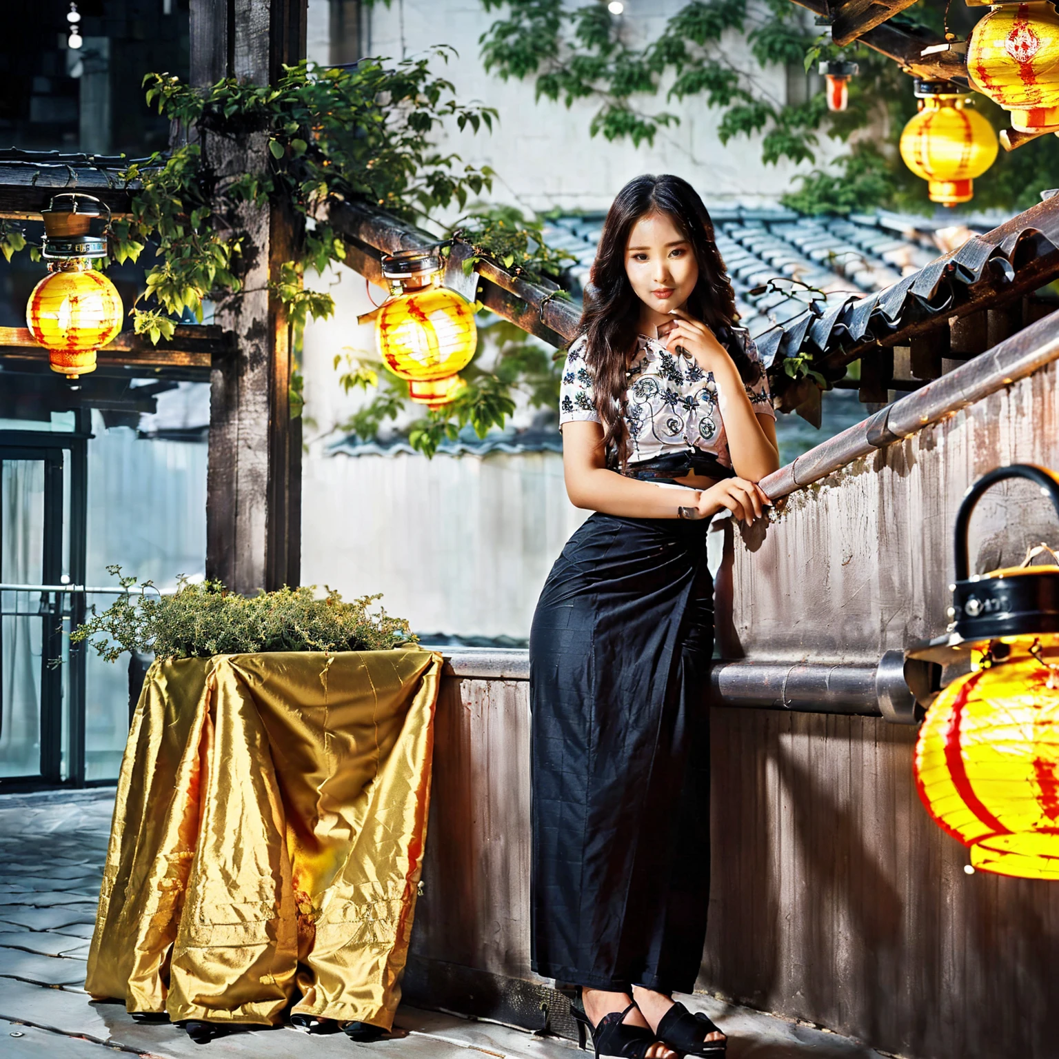 Burmese beautiful woman, 1 girl, solo, pretty lady MoonLay, innocent cute smile, red lips, (stylishly sitting on a stool and seductively gazing to the sky pose:1.5), (night:1.5), smooth face skin, traditional beauty, cinematic portrait glow lighting, traditional dress, (white shirt:1.3), (red skirt:1.3), high heel, (full body view:2), (two story building rooftop balcony with vibrant colorful hanging lanterns with small townscape background:1.5), (cinematic bokeh blur background:1.5), cinematic lighting, perfect anatomy,