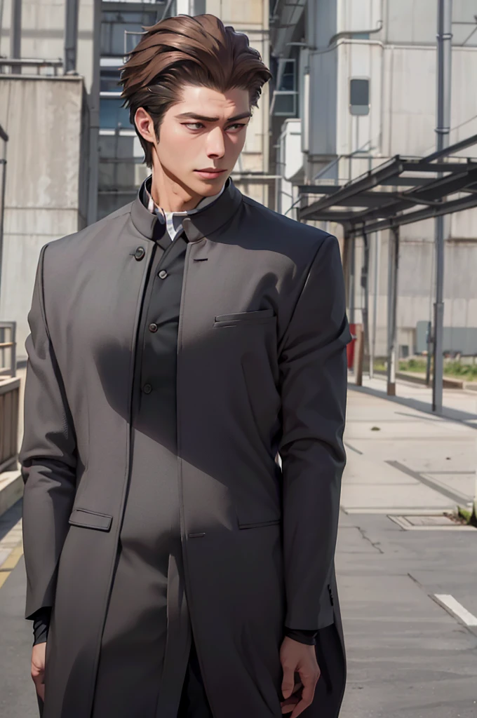  black winter male overcoat black clothing,(masterpiece, best quality:1.2), cowboy shot, solo, male focus, 1boy, Aizen, (brown hair), brown eyes, looking at viewer,dark formal suit, black formal outfit, black coat, walking straight,(photorealistic:1.4), (masterpiece, sidelighting, finely detailed beautiful eyes: 1.2),black leather gloves,masterpiece, best quality, ultra high res, highly detailed,