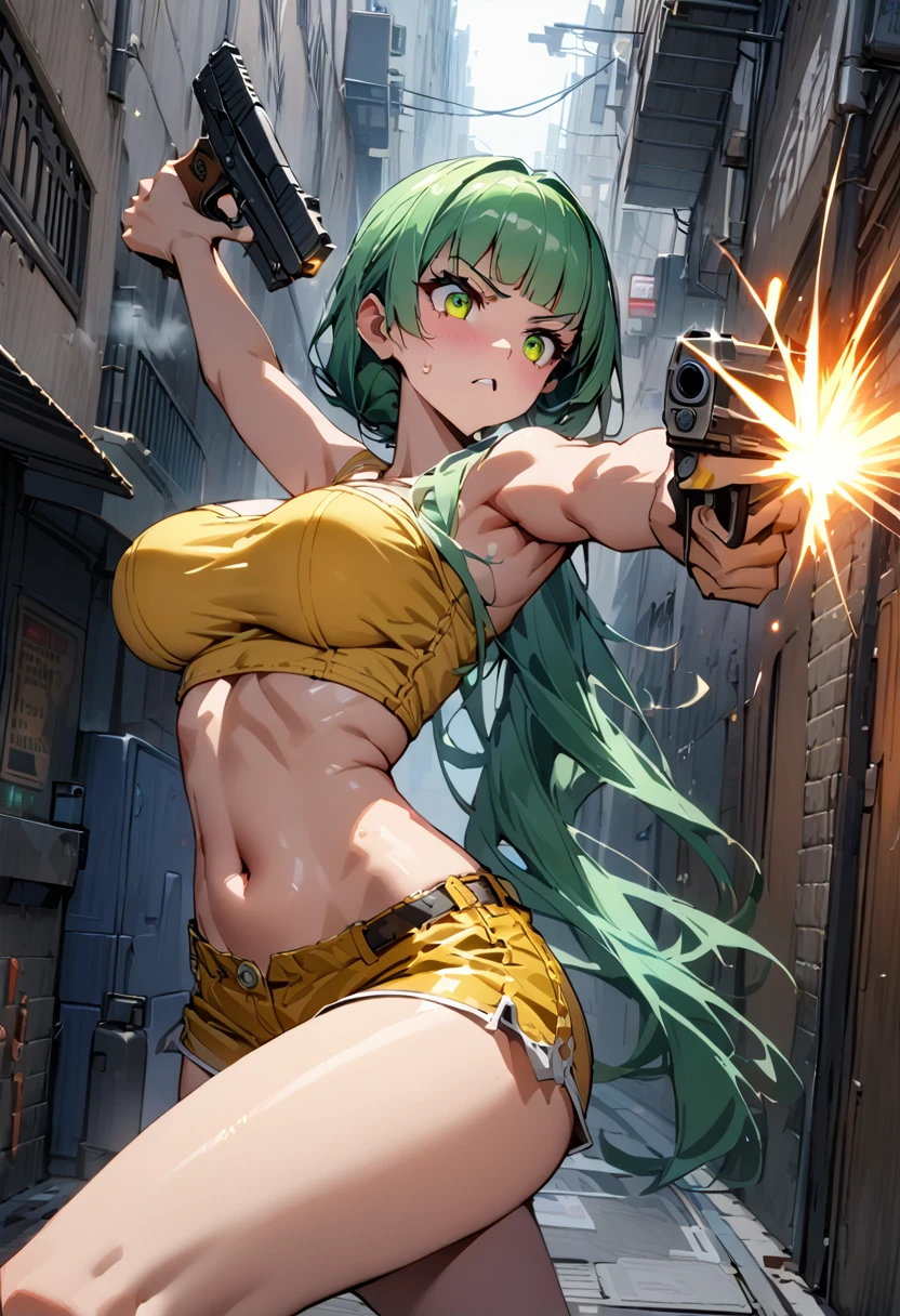 ((masterpiece,Highest quality:1.3)),cowboy shot,1woman、30 year old beauty、Investigator、独奏,(very small head:1.3),green hair,(low ponytail),long hair,blunt bangs,green eyes,gorgeous eyes,tears、anger、open mouth,drooling,medium breasts,(very long body:1.2),(toned body,slender body,skinny),gleaming skin,shiny skin,oily skin,((Injury:1.4)),naked,nipples,navel、vagina,(((A precisely rendered handgun in one hand、Shoot a gun))),((The mechanical tentacles are torn off by gunfire))、Inside an abandoned building、rubble、World of Blade Runner、nsfw,