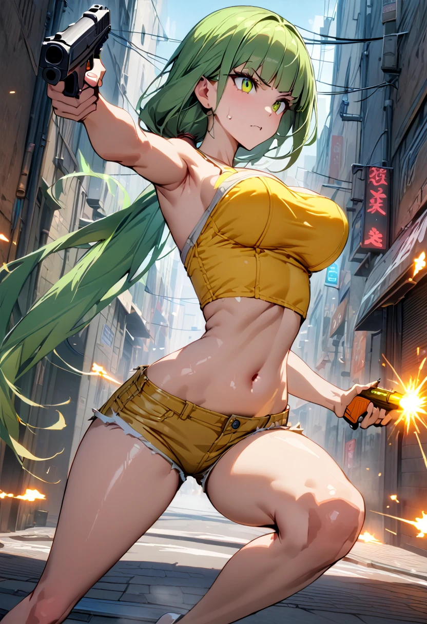 Action Scenes、((masterpiece,Highest quality:1.3)),cowboy shot,1woman,30 year old beauty、Investigator、独奏,(very small head:1.3),green hair,(low ponytail),long hair,blunt bangs,green eyes,gorgeous eyes,Serious expression、medium breasts,(very long body:1.2),(toned body,slender body,skinny),gleaming skin,shiny skin,oily skin,Yellow tube top shirt、navel、Yellow micro shorts、A precisely rendered handgun in one hand、((Shoot a gun、Firing stance)),Run、Tracking、Alley、Metropolis,neon、World of Blade Runner、